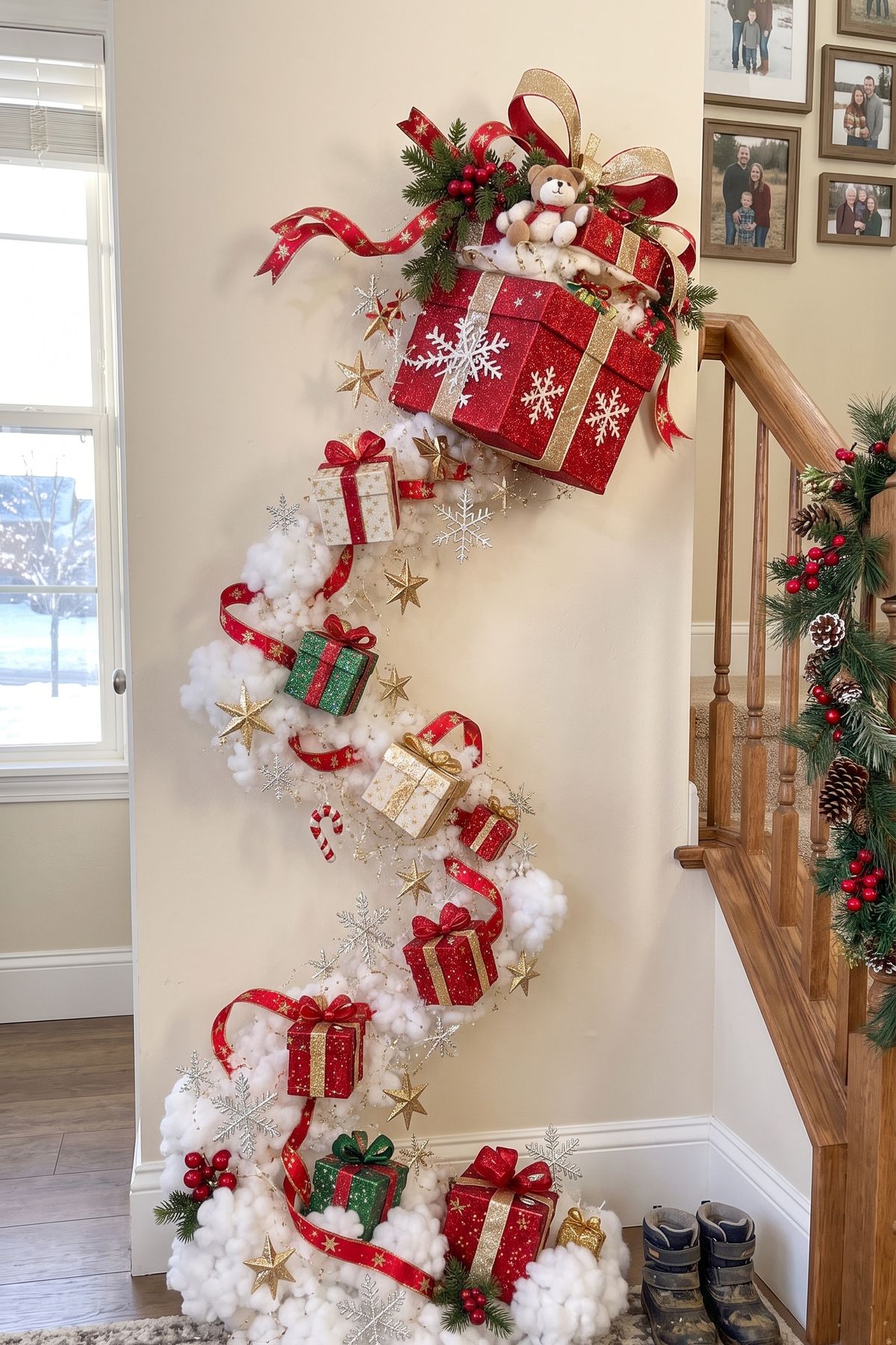 The Present Trail by day, unlit, on a wall beside the stairs